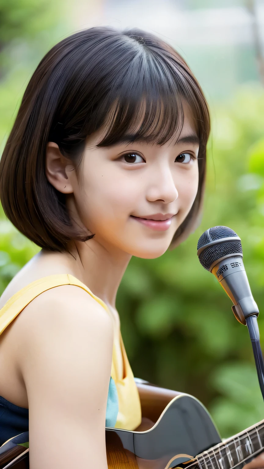 masterpiece　high resolution　Female student　very cute　Natural atmosphere　boyish　16 years old　Bobcut　Dimples　mole　Tanuki face　Tank top　Playing acoustic guitar　Are standing　