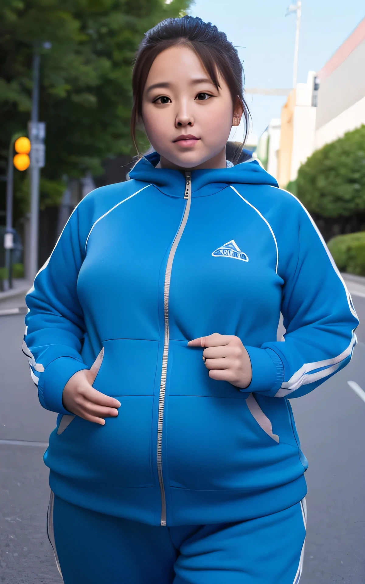1 female, Overweight, extremely fat, ((Chubby)), Light blue tracksuit, Japanese, on the ground ,4K, High resolution, masterpiece, highest quality, fine skin