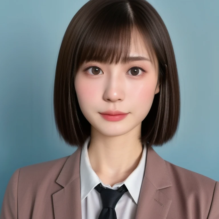 (kawaii 24 year-old Japanese girl, Nogizaka idol, Korean idol), (glossy brown hair, very short hair, bangs:1.3), (beautiful black eyes, rounded face, narrow shoulders, single eyelid, no makeup, no expression:1.3), (wearing suit jacket, collared shirt, necktie:1.3), (extra small breasts:0.9), BREAK, (simple light blue background:1.3), (view from forward, bust shot, wide shot, id photo:1.3), BREAK, (masterpiece, best quality, photo realistic, official art:1.4), (UHD, 8K quality wallpaper, high resolution, raw photo, golden ratio:1.3), (shiny skin), professional lighting, physically based rendering, award winning, (highly detailed skin, extremely detailed face and eyes), Carl Zeiss 85 mm F/1.4, depth of field, (1girl, solo),