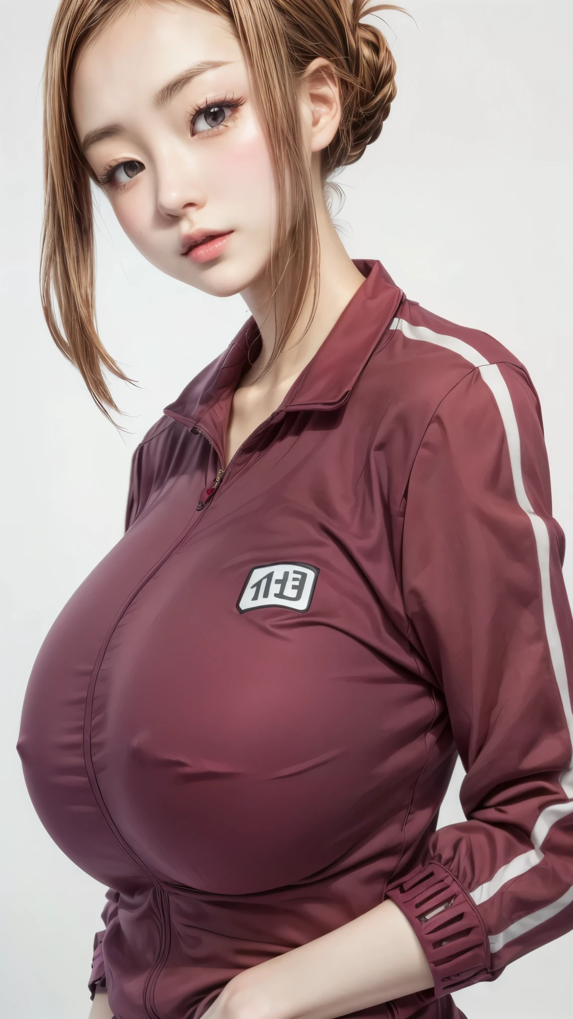 anime girl with brown hair and a red shirt with a white stripe, half eyebrows, oppai, female protagonist 👀 :8, anya from spy x family, nishimiya shouko, marin kitagawa fanart, shirobako, biomechanical oppai, yayoi kasuma, with a large breasts, megumu okada, oppai proportions, female anime character