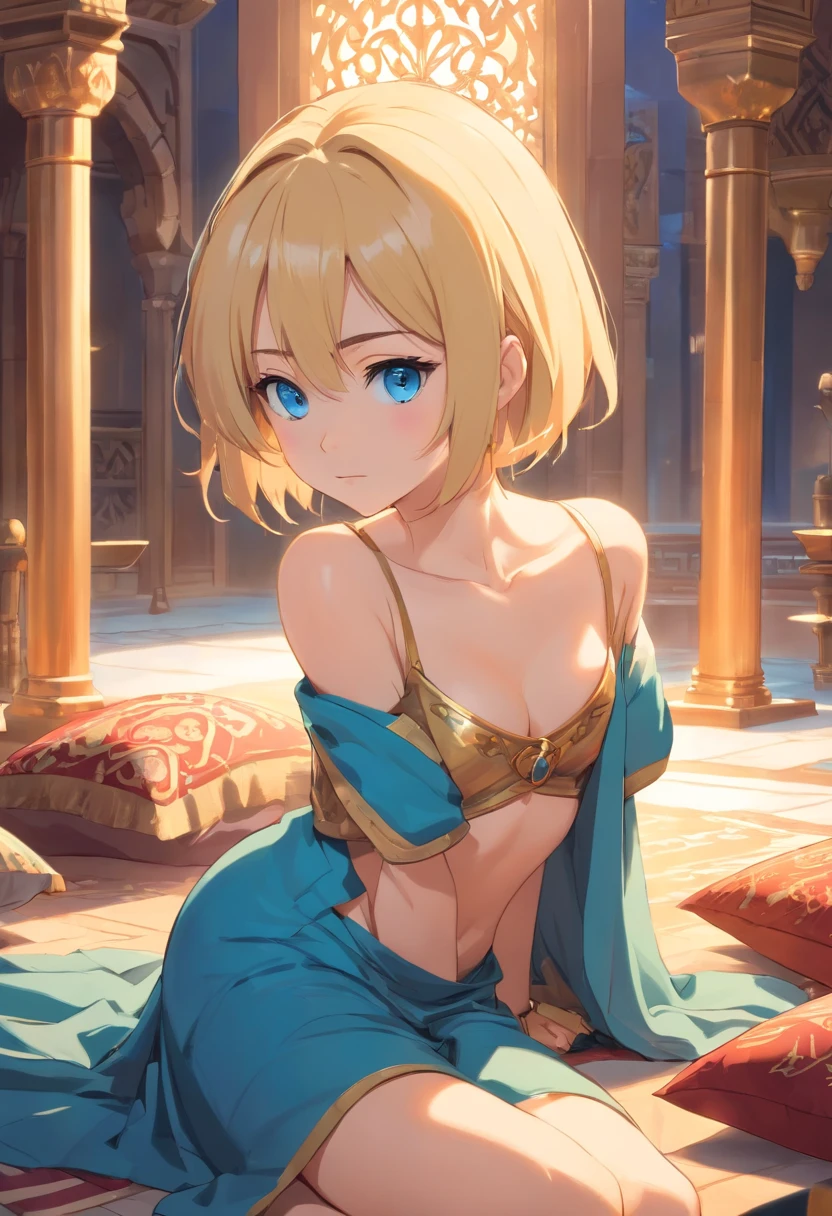  Women, ((Blonde)), ((Blue eyes)), ((Short hair)), ((Full shot)), dressed as a sexual slave in a harem in some medieval caliphate.  She is in a room surrounded by pillows and in the center there is a fountain