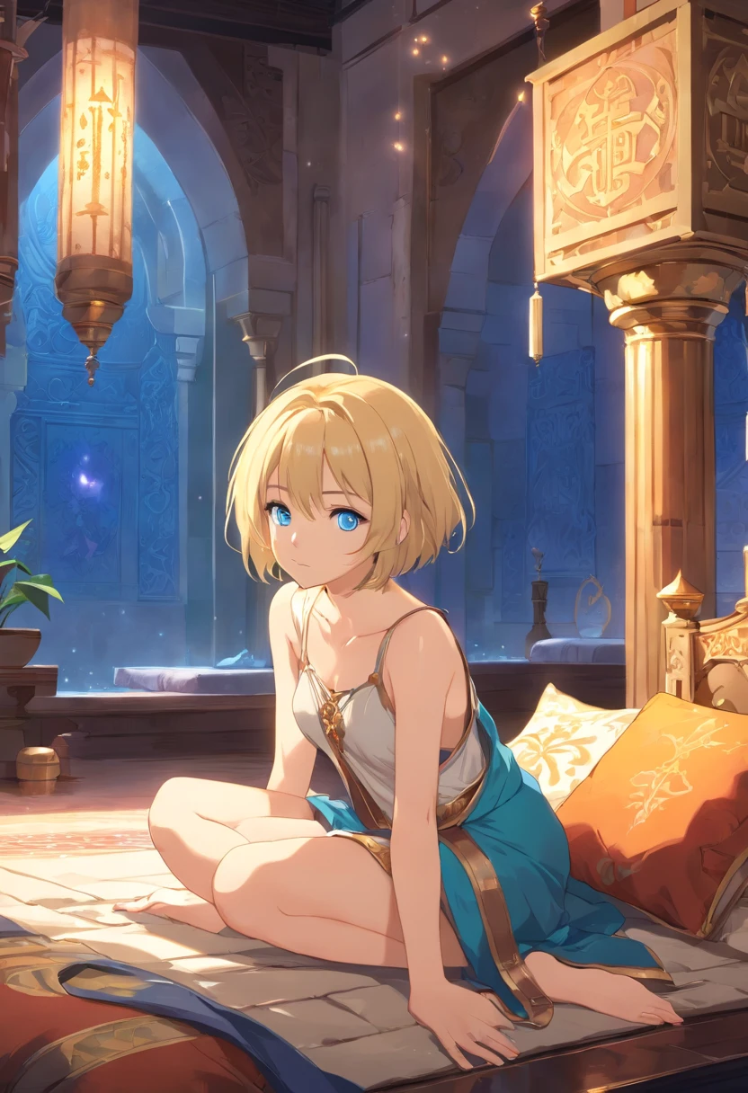 17 years old Women, ((Blonde)), ((Blue eyes)), ((Short hair)), ((Full shot)), dressed as a sexual slave in a harem in some medieval caliphate.  She is in a room surrounded by pillows and in the center there is a fountain