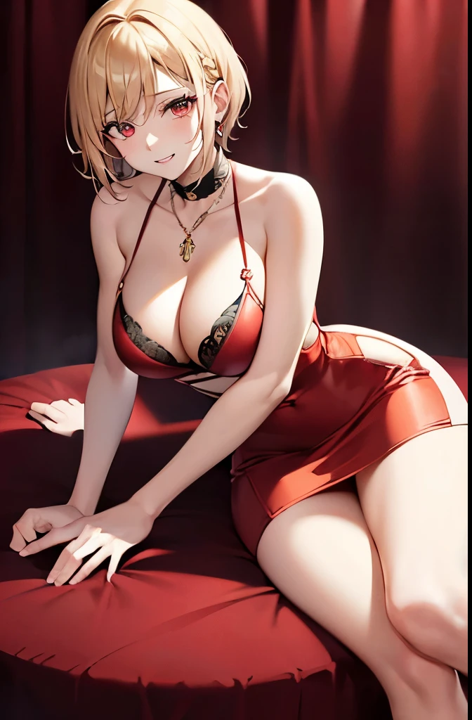 Blonde、short hair、Red eyes、Red dress、Red clothes:1.5、necklace、Rose hair ornament、skirt、one person、A relaxed smile、Casino or Bar、Big Breasts、(highest quality),(High resolution),(full intricate details),(Very high quality artwork),(Extremely detailed 8K CG),((Perfect piece) ), (((masterpiece)))、 Late s、thin waist and limbs、sexy, erotic, 18+