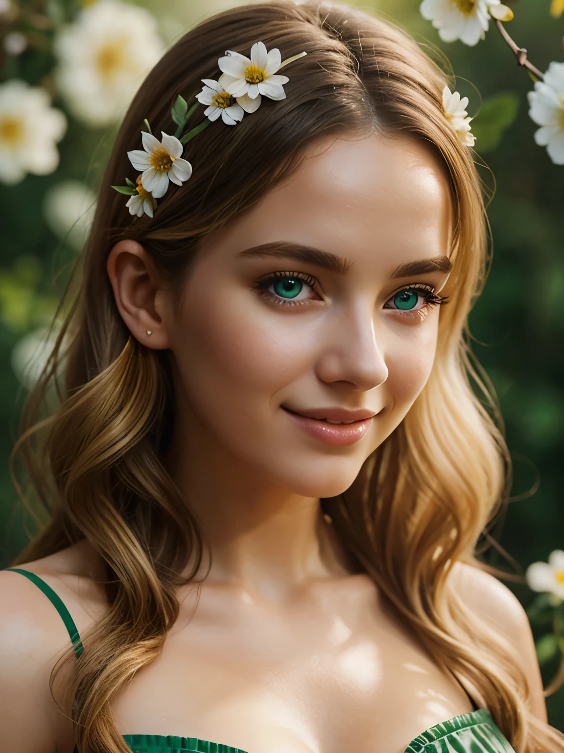 photo of a stunningly beautiful woman, oval face, babe face,, whose edge is white and burnt, , a pretty young woman's upper body, (hyper realistic), Scandinavian woman aged 23,blonde curly hair, a bow in her hair, green eyes, smiling, nipslip, multi-colored flowers, watercolor, HD, 4K, (hyperdetailed), high detailed, lot of details, high quality, raytracing, subsurface scattering, film, bokeh, professional, 4k,