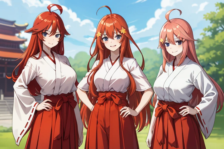 2d, masterpiece, best quality, anime, highly detailed, 5 girl, photo of 5 girl, quintuplets, nakano itsuki, red hair, long hair, star hair ornament, ahoge, large breasts, standing, miko, white hakama with red hakama, outdoors, smile, temple, hand on another's hips