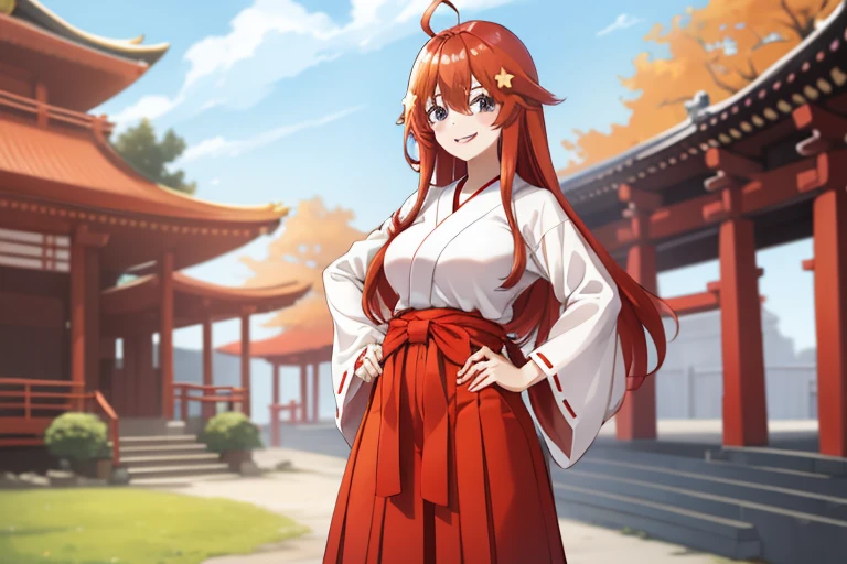 2d, masterpiece, best quality, anime, highly detailed, 5 girl, photo of 5 girl, quintuplets, nakano itsuki, red hair, long hair, star hair ornament, ahoge, large breasts, standing, miko, white hakama with red hakama, outdoors, smile, temple, hand on another's hips