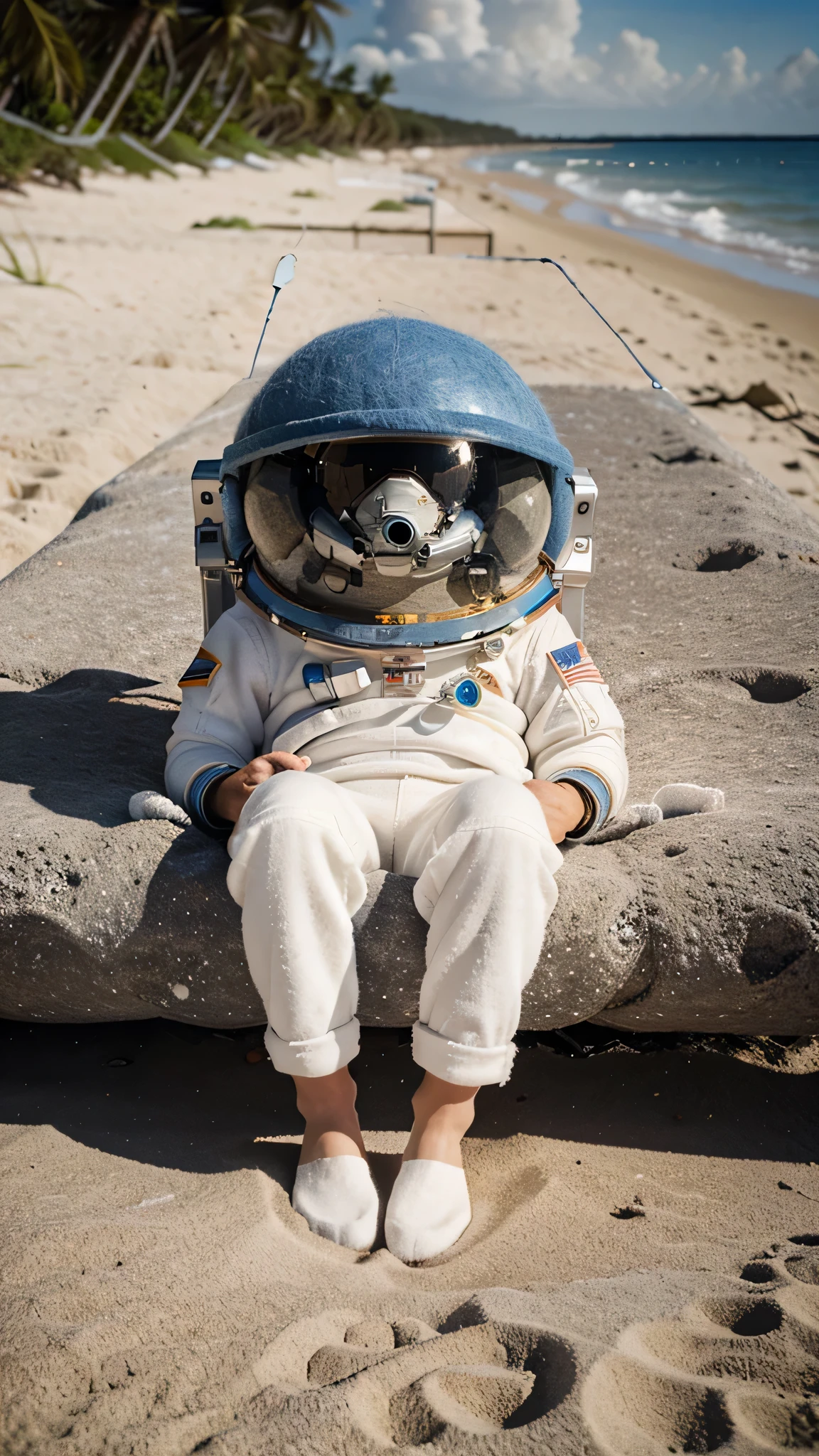 Astronaut relaxing on the beach resort, wool felt, handmade, fine art, 3d, realistic detail, felt world