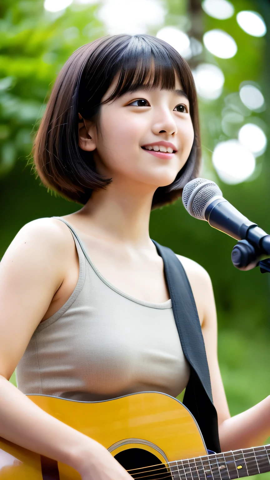 masterpiece　high resolution　Female student　very cute　Natural atmosphere　boyish　16 years old　Bobcut　Dimples　mole　Tanuki face　Tank top　Playing acoustic guitar　Are standing　