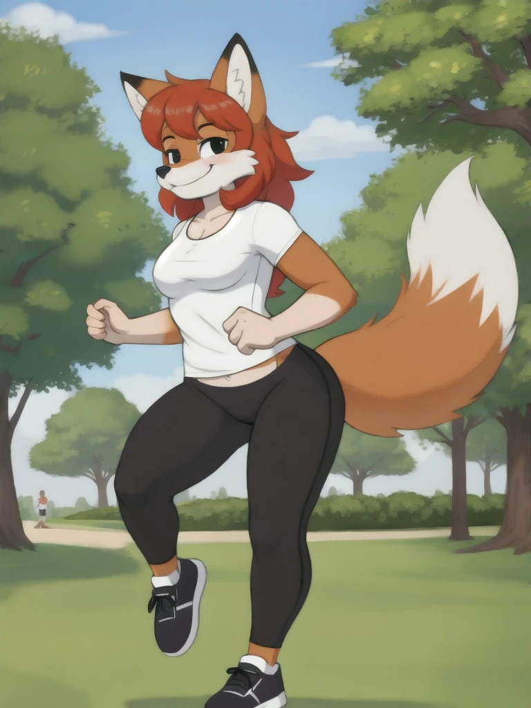 Furry, fox, smile, black leggings, white shirt, jogging, solo, park