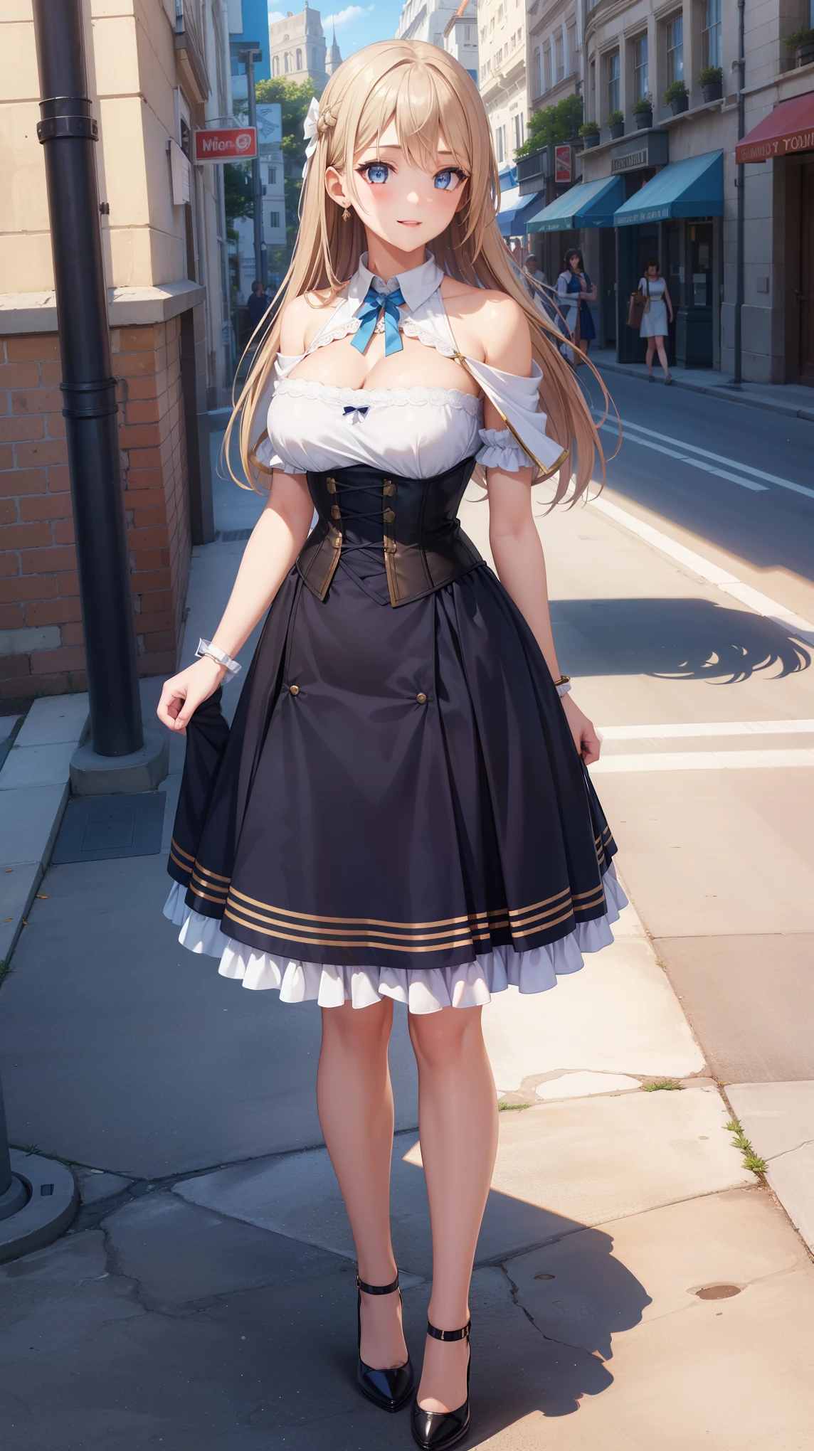 1girl, natural lighting, masterpiece, highly detailed, illustration, game CG, absurdres, high quality, beautiful detailed eyes, glossy lips, natural lighting, medium breasts, klaudia valentz, city street, smile, corset dress, high heels, standing