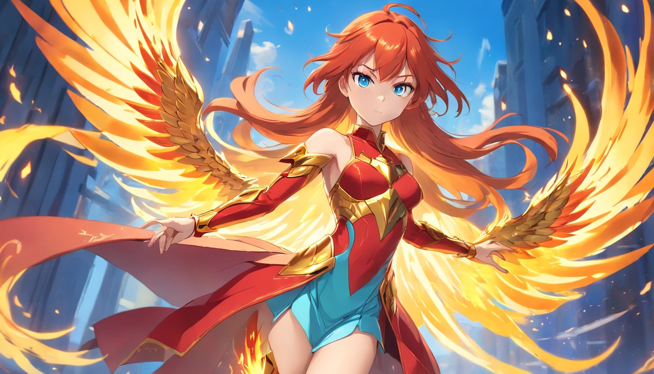 ((Beautiful warrior mage with the face of Asuka Langley. Voluptuous female body and feminine beauty. Light blue eyes, long red hair, crimson red hair, long red hair waving in the wind, body of a goddess, appearance of a goddess, medium well-marked breasts, well-rounded preches, young adult, well-proportioned female body, divine beauty, long legs, slender female body. She wears a long red imperial dress. She wears a long, fitted red dress. She wears a long skirt. She wears phoenix armor, she wears golden armor, she wears sensual plated armor, she wears feminine phoenix armor. Wing-shaped flames emerge from her back. She is full of determination and courage, she radiates an aura of unbreakable fighting that leaves everyone who looks at her captivated, she has a cold and proud look. She is levitating in the air, looking like a goddess, surrounded by flames, floating in the air with flames around her)), The character has fused with a phoenix and now has wings of fire, gold flames and armor with metal feathers, as well as a silhouette of the golden phoenix behind him, magical fusion of woman with phoenix, phoenix goddess, Beautiful woman with phoenix features