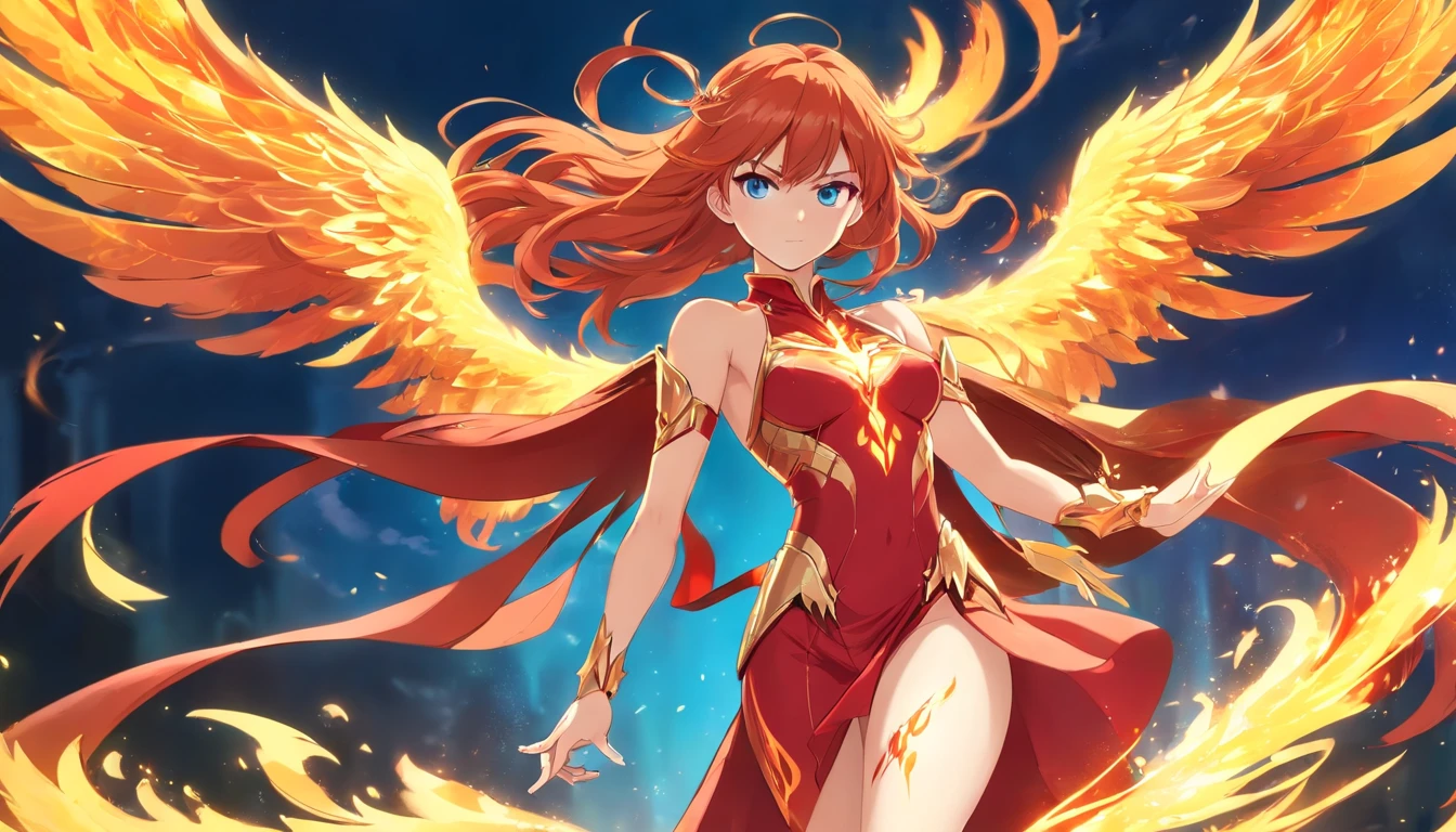 ((Beautiful warrior mage with the face of Asuka Langley. Voluptuous female body and feminine beauty. Light blue eyes, long red hair, crimson red hair, long red hair waving in the wind, body of a goddess, appearance of a goddess, medium well-marked breasts, well-rounded preches, young adult, well-proportioned female body, divine beauty, long legs, slender female body. She wears a long red imperial dress. She wears a long, fitted red dress. She wears a long skirt. She wears phoenix armor, she wears golden armor, she wears sensual plated armor, she wears feminine phoenix armor. Wing-shaped flames emerge from her back. She is full of determination and courage, she radiates an aura of unbreakable fighting that leaves everyone who looks at her captivated, she has a cold and proud look. She is levitating in the air, looking like a goddess, surrounded by flames, floating in the air with flames around her)), The character has fused with a phoenix and now has wings of fire, gold flames and armor with metal feathers, as well as a silhouette of the golden phoenix behind him, magical fusion of woman with phoenix, phoenix goddess, Beautiful woman with phoenix features 
