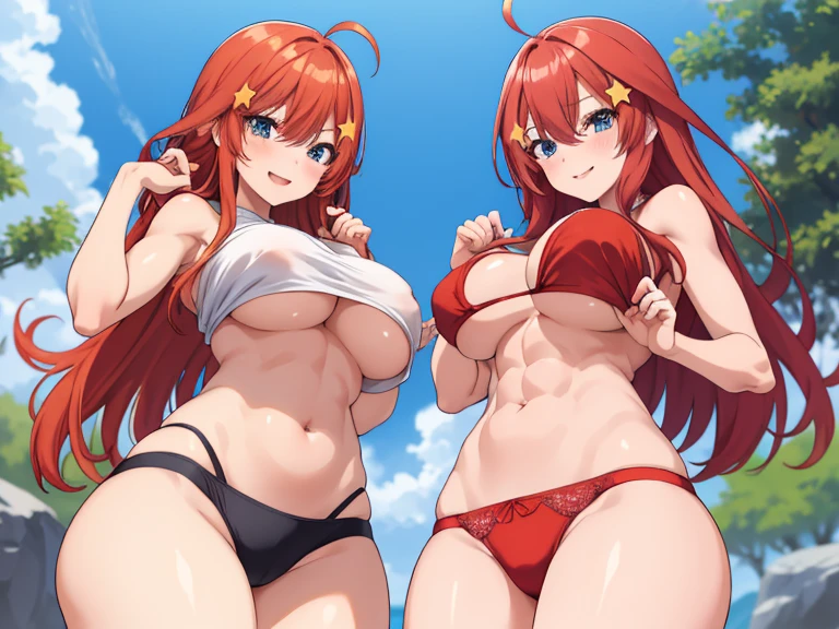 2d, masterpiece, best quality, anime, highly detailed, 5 girl, photo of 5 girl, quintuplets, nakano itsuki, red hair, long hair, star hair ornament, ahoge, large breasts, spa, red bikini, outdoors, smile, sexy body, perfect body, abs muscular, belly button, side breasts, back of thigh, breast size comparison, breast fight, breasts pressing, breasts pressed together, pairing a character with their own self, underboob, lots of breasts, breast sumo, full body, sandwich, sandwiched, symmetrical docking, hand on another's hips, hand on hair 