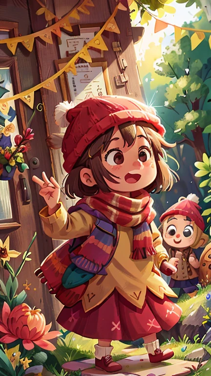 Girls and boys, A stream personified,hapiness,rejoice, Knitted hat, A glittering door in the middle of a meadow, Luminous doors, Vista, Door leaf, Perfect quality,Be focused(Clutter - Home:0.8), (masterpiece:1.2) (realistically:1.2) (Bokeh) (Best quality) (Delicate skin:1.3) (Intricate details {strength) (8K) (Delicate eyes) (scarf),(having fun)