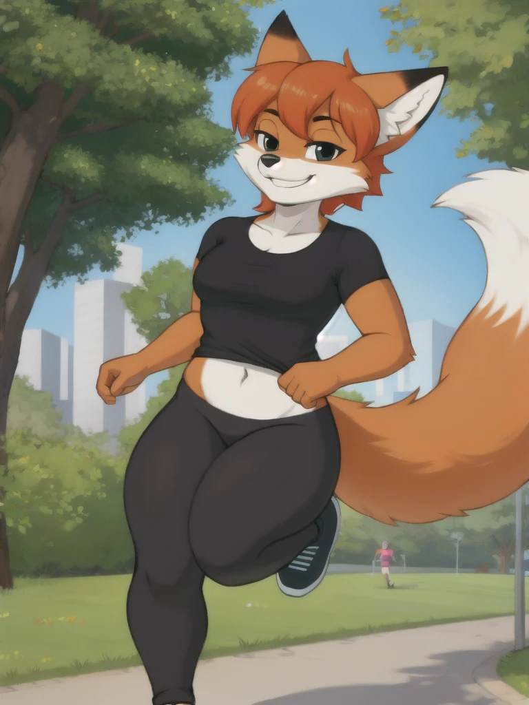 Furry, fox, smile, black leggings, white shirt, jogging, solo, park