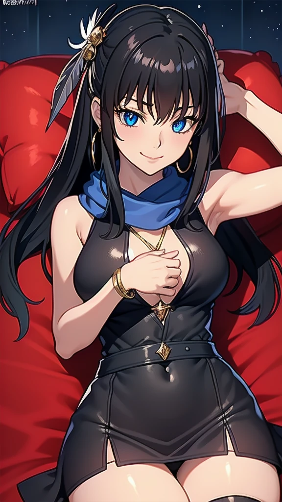 masterpiece, best quality, 1 solo girl, black hair, blue eyes, long hair, medium breasts, sexy body and face, wavy hair, smile, sleeveless shirt, scarf, black thigh-high, mini skirt, pendant, bracelet, jewelry, earrings, feather hair ornament, book, lying at the bed, night, sexy pose, cowboy shots, detailed body, face, and eyes, sharp focus, vibrant, creative, dynamic, high definition, high resolution, 8k, (Upscale: R-ESRGAN 4x+ Anime6mage enchance:4x), voluptuous body, cinema lightning, dakimakura style, looking at the viewer,