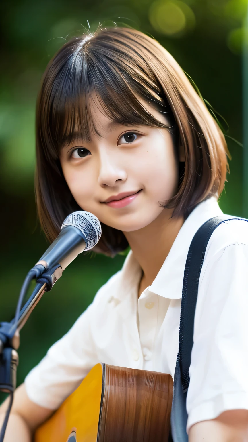 masterpiece　high resolution　Female student　very cute　Natural atmosphere　boyish　　Bobcut　Dimples　mole　Tanuki face　White shirt playing acoustic guitar　Are standing　