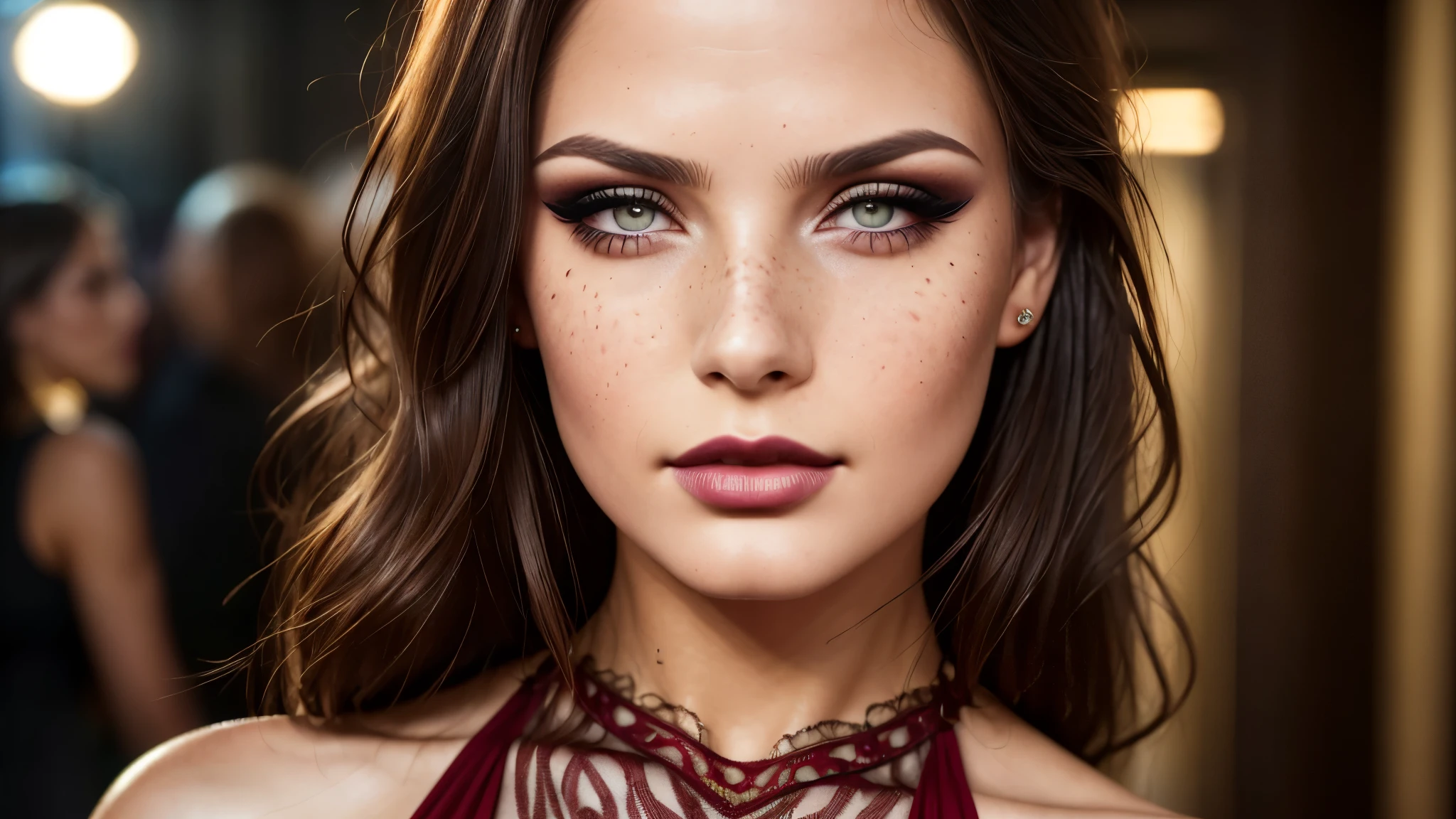 kmwld, (sharp focus:1.2), photo, attractive young woman, (beautiful face:1.1), detailed eyes, luscious lips, (eye makeup:1.2), body freckles, (medium breasts:1.0), (tight body:1.2), wearing (slitdress:1.2) in (red carpet event:1.2). (moody lighting:1.2), depth of field, bokeh, 4K, HDR. by (James C. Christensen:1.2|Jeremy Lipking:1.1).