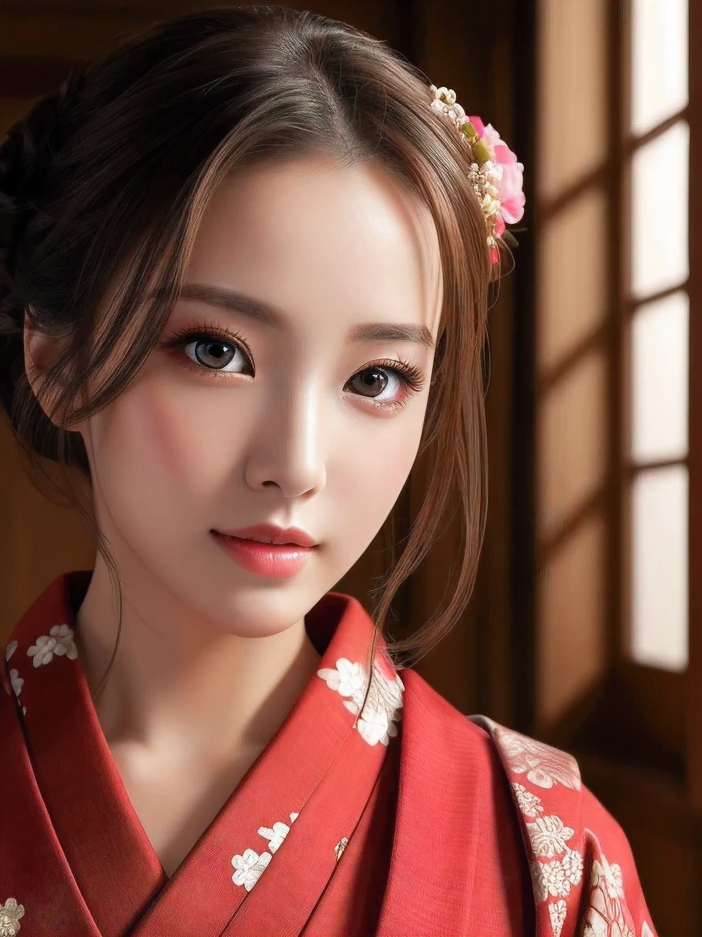 masterpiece, highest quality, High resolution, wallpaper, realistic, (bright lighting:1.4), professional lighting, face light, smooth lighting, (shoot from front:1.8), 1 girl, (in beautiful calm color kimono:1.5), Taisho Romantic Interior, cute, sleepy, open mouth to say something, shy, Beautiful girl, sexy, super beautiful, beautiful skin, beautiful and detailed eyes、detailed face、slim、moderately, half updo, brunette colored hair, brown eyes, Professional Photography, Portrait,