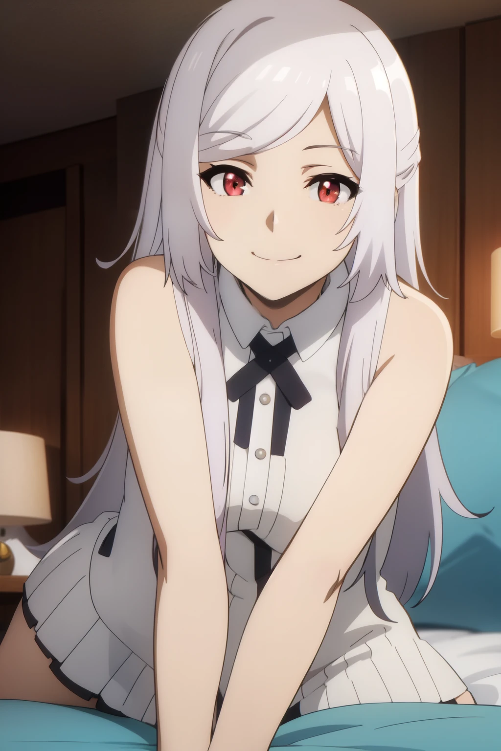 Anime background art, bottom of room, one bed, lying on a bed, beautiful anime scenes, 4K anime art wallpaper, 4k anime art wallpaper, Rosla global illumination, anime girl, 1 girl, LORA similar, best quality, detailed, alone, looking at the viewer, mouth closed, smile, definition in the eye, perfect face, school uniforme costume, perfect face, perfect hair, white hair, red eyes.