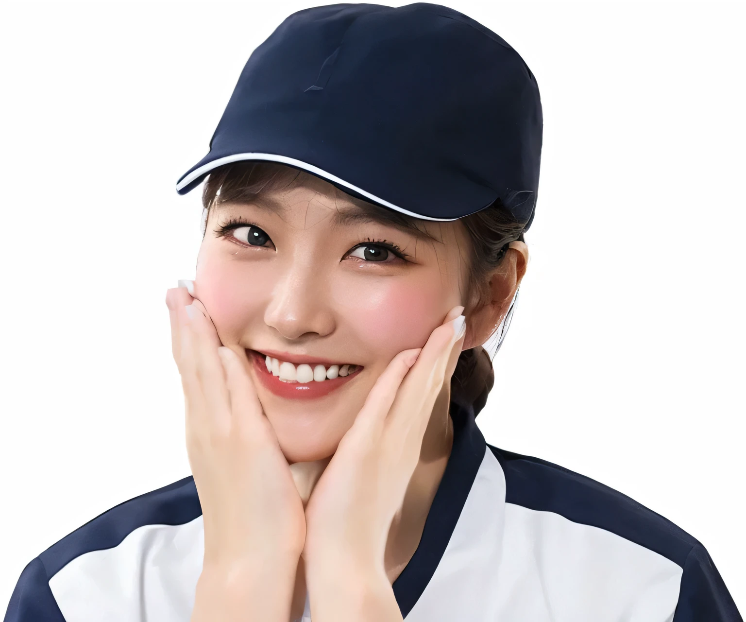 20-year-old female　Navy blue hat　Navy blue and white uniform　Hands on cheeks