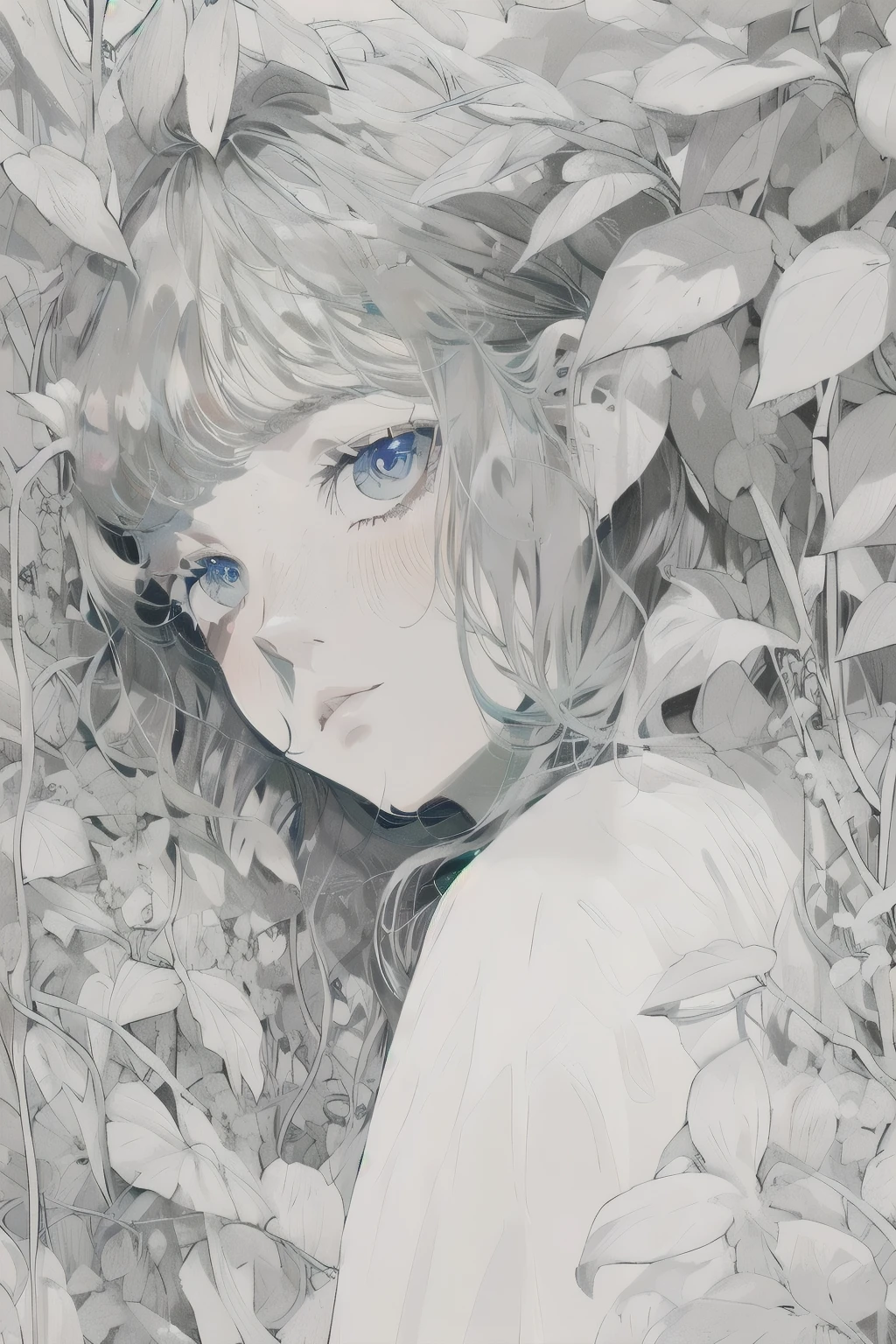 A girl with long hair and large eyes is surrounded by vines and flowers. She is wearing a white dress.