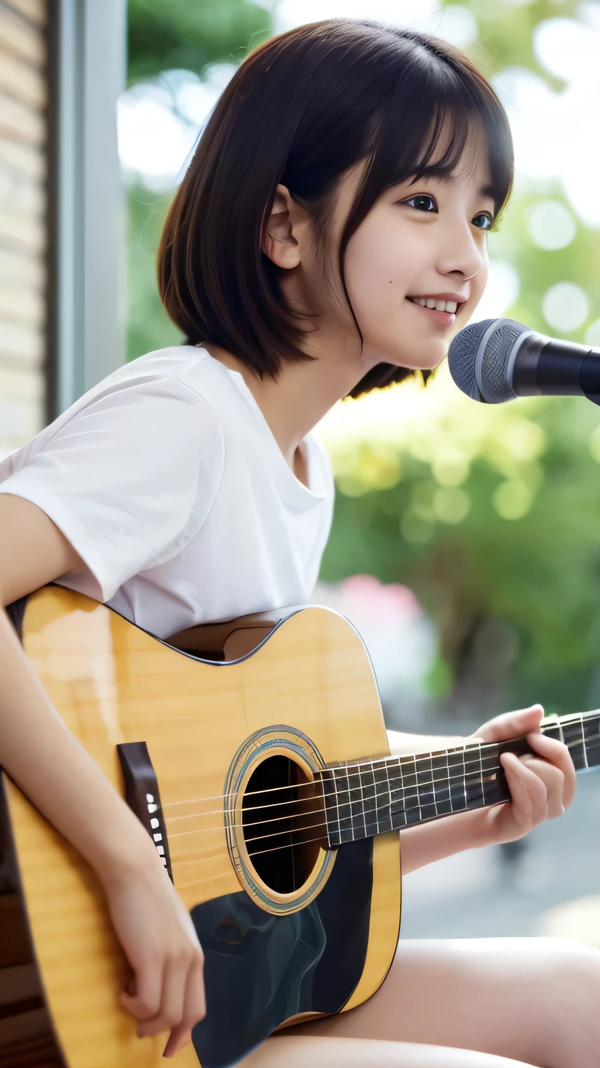 masterpiece　high resolution　Female student　very cute　Natural atmosphere　boyish　　Bobcut　Dimples　mole　Tanuki face　White T-shirt　Playing acoustic guitar　Are standing　