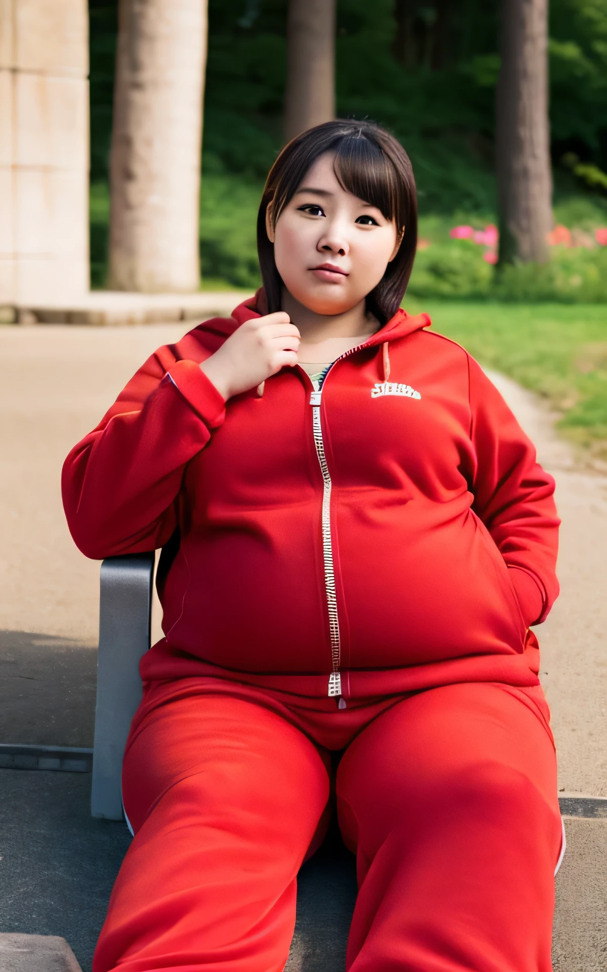 1 female, Overweight, extremely fat, ((Chubby)), Red tracksuit, Japanese, on the ground ,4K, High resolution, masterpiece, highest quality, fine skin
