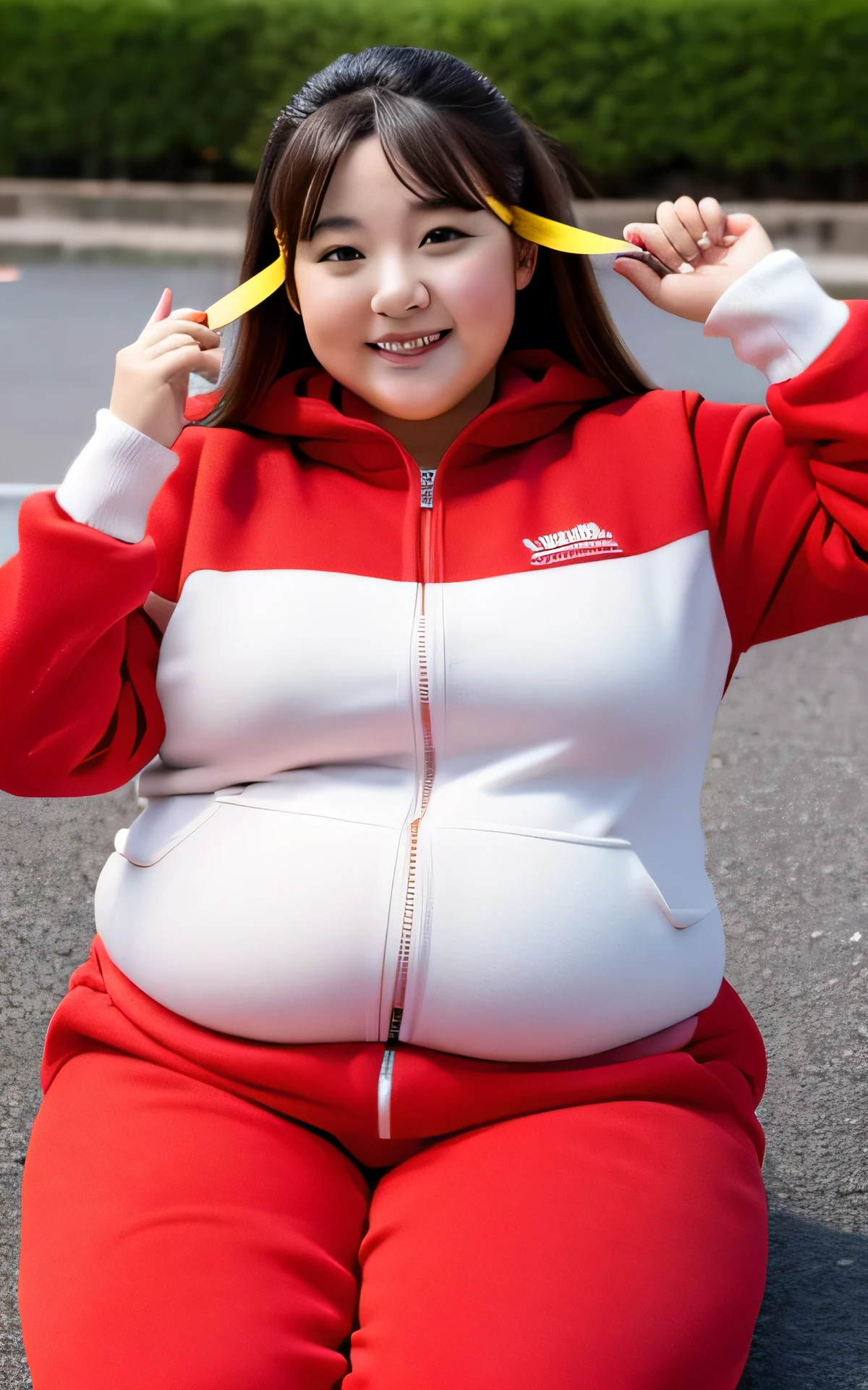 1 female, Overweight, extremely fat, ((Chubby)), Red tracksuit, Japanese, on the ground ,4K, High resolution, masterpiece, highest quality, fine skin