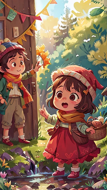 Girl and boy by the stream,personification,hapiness,rejoice, Knitted hat, A glittering door in the middle of a meadow, Luminous doors, Vista, Door leaf, Perfect quality,Be focused(Clutter - Home:0.8), (masterpiece:1.2) (realistically:1.2) (Bokeh) (Best quality) (Delicate skin:1.3) (Intricate details {strength) (8K) (Delicate eyes) (scarf),(having fun)