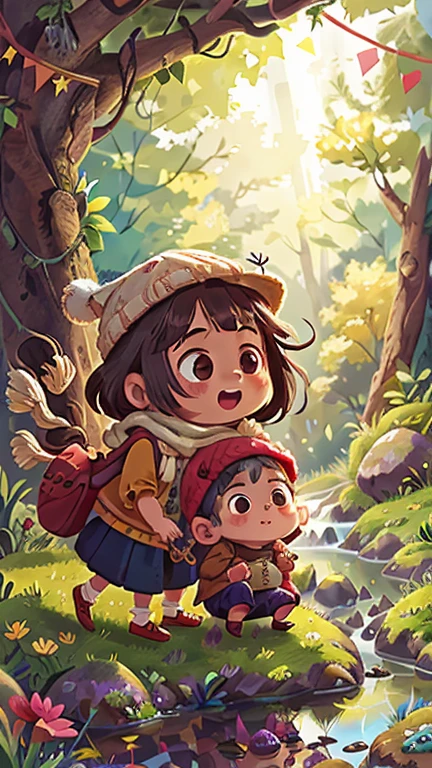 Girl and boy by the stream,personification,hapiness,rejoice, Knitted hat, A glittering door in the middle of a meadow, Luminous doors, Vista, Door leaf, Perfect quality,Be focused(Clutter - Home:0.8), (masterpiece:1.2) (realistically:1.2) (Bokeh) (Best quality) (Delicate skin:1.3) (Intricate details {strength) (8K) (Delicate eyes) (scarf),(having fun)