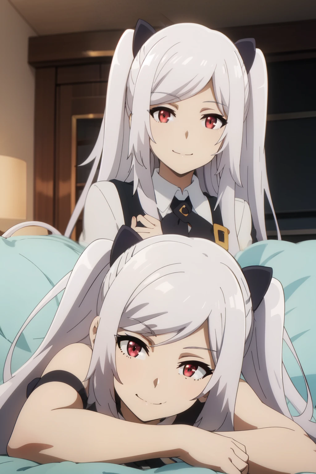 Anime background art, bottom of room, one bed, lying on a bed, beautiful anime scenes, 4K anime art wallpaper, 4k anime art wallpaper, Rosla global illumination, anime girl, 1 girl, LORA similar, best quality, detailed, alone, looking at the viewer, mouth closed, smile, hairstyle with two pigtails, hair accessory, definition in the eye, perfect face, school uniforme costume, perfect face, perfect hair, white hair, red eyes.