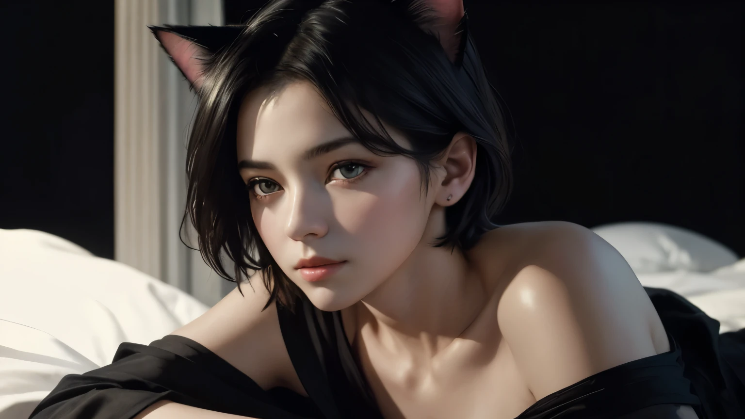 (Sargent-style watercolor)、(highest quality、masterpiece)、(Realistic:1.5), RAW Photos, 1 girl, Off the shoulder,Cat ear、whole body、 In the Dark, Deep Shadow, secret key, Cold Light, Sexy Looks, short hair、((Black Background))、