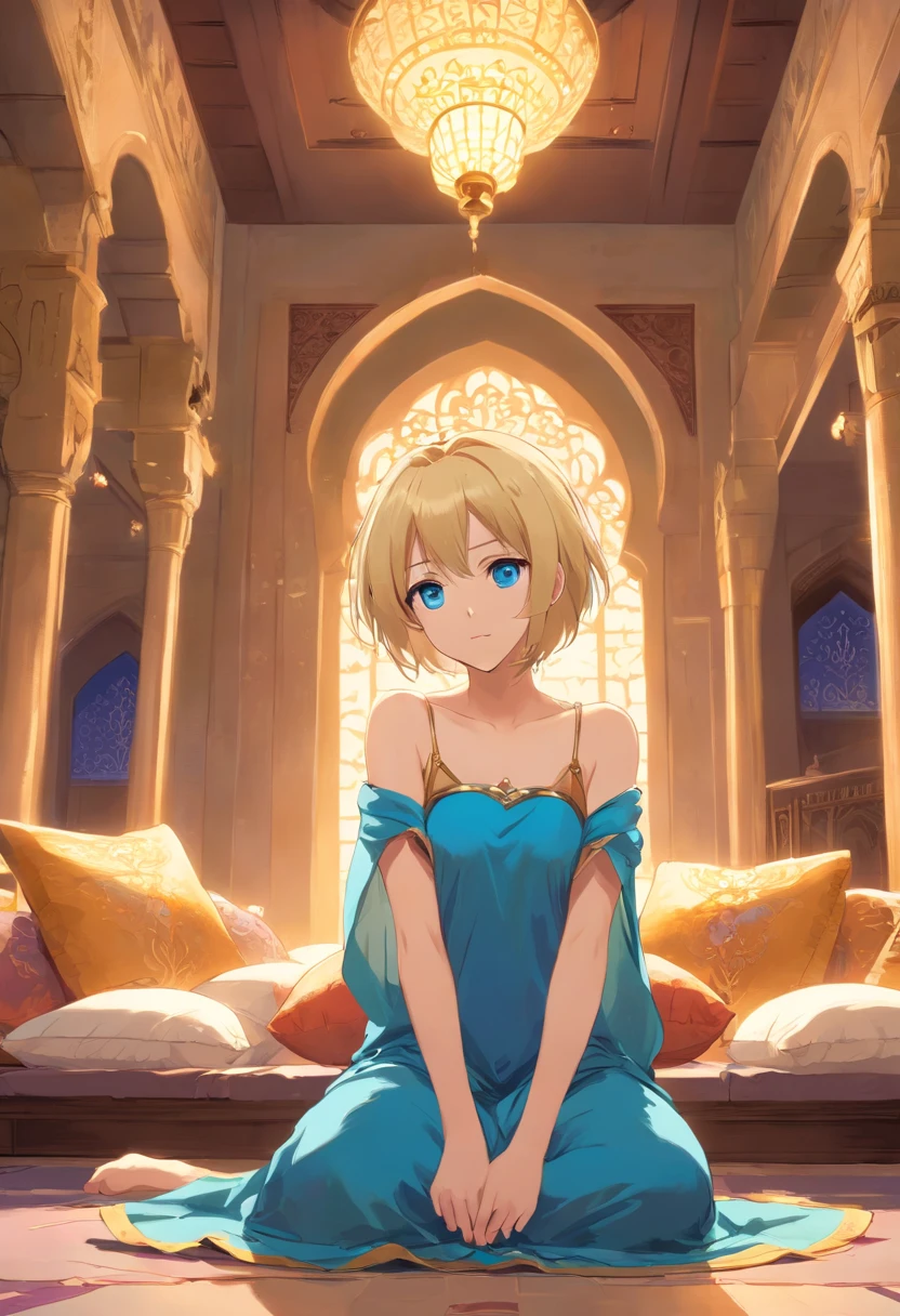 Women, ((Blonde)), ((Blue eyes)), ((Short hair)), ((Full shot)), dressed as an odalisque of a harem in some caliphate of the Middle Ages. He is standing in a room surrounded by pillows and in the center there is a fountain