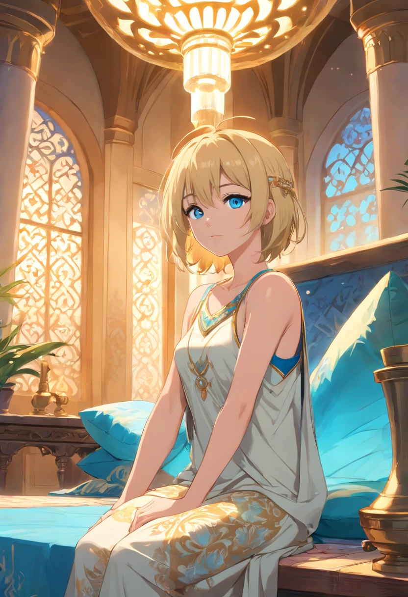 17 years old Women, ((Blonde)), ((Blue eyes)), ((Short hair)), ((Full shot)), dressed as an odalisque of a harem in some caliphate of the Middle Ages.  He is standing in a room surrounded by pillows and in the center there is a fountain
