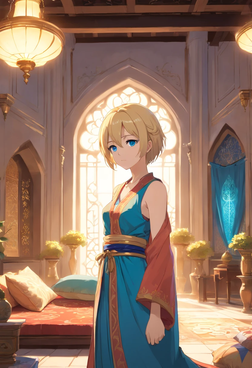 17 years old Women, ((Blonde)), ((Blue eyes)), ((Short hair)), ((Full shot)), dressed as an odalisque of a harem in some caliphate of the Middle Ages. He is standing in a room surrounded by pillows and in the center there is a fountain