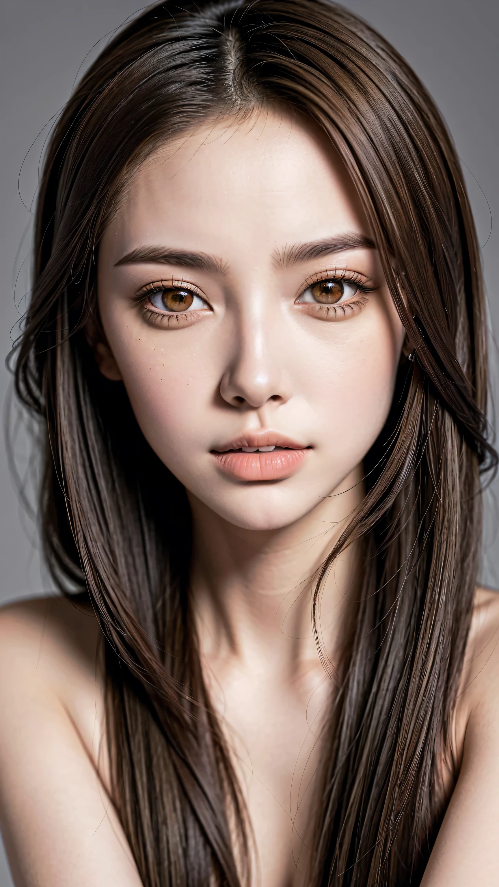 Moya, (the most absurd quality perfect eyes), ((beautiful slim and sharp-face:1.2), super detailed:1.2), (light pale complexion), ((clear and sharp perfect round realistic brown_eyes:1.3), Insanely detailed:1.3), finely detailed pupils, detailed lips:1.3, impeccable body posture, upright, self-confident, telephoto lens, Background gray, Plain grey background, (the most absurd quality), (masterpiece),