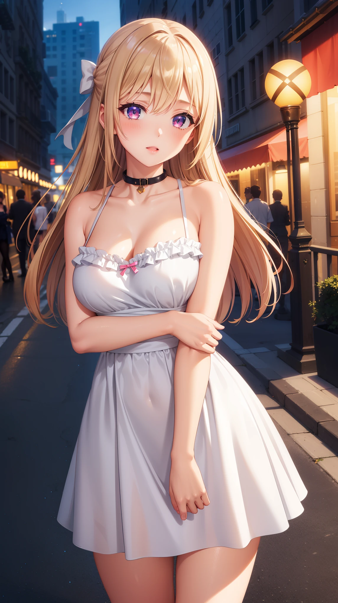 1girl, natural lighting, masterpiece, highly detailed, illustration, game CG, absurdres, high quality, beautiful detailed eyes, glossy lips, natural lighting, medium breasts, klaudia valentz, standing, city street, night, neon lights, minidress, collarbone