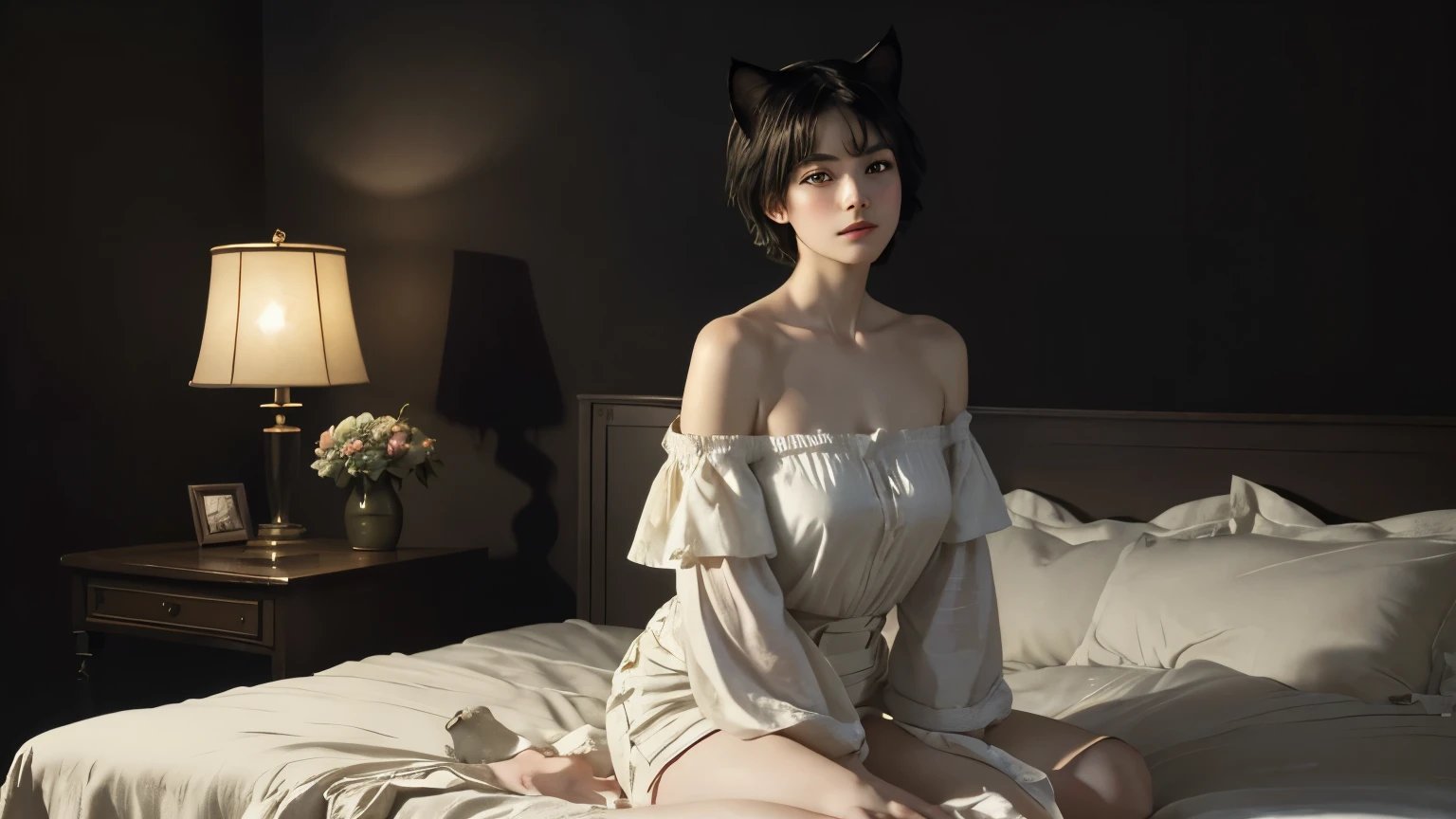 (Sargent-style watercolor)、(highest quality、masterpiece)、(Realistic:1.5), RAW Photos, (Shabby attic)、(1 girl, Off the shoulder,Cat ear、short hair、Sexy Looks, whole body、Sitting on the edge of a simple bed)、 In the Dark, Deep Shadow, secret key, Cold Light, dim、lamp、(Simple Background)、((Black Background))、