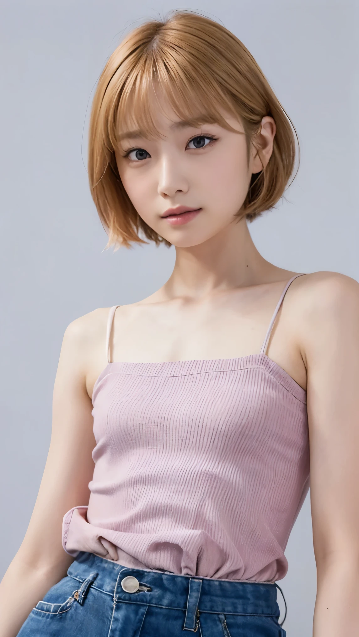 Wear a camisole that shows the shape of your breasts:1.5、((Small, flat chest:1.5))、(masterpiece, Best image quality, high quality, High resolution, Realistic:1.2), (Bright lighting, Professional Lighting), (Portraiture, One Woman, Beautiful woman), (Realistic Skin, Fine skin, Beautiful Skin), (Blonde Hair, short hair, middle part:1.3), (Eyelash extensions, Draw eyelashes sharply), (Hidden eyelid wrinkles:1.3), (fine grain, length, Narrow eyes, iris, Your eyes are shining, How to draw eyes carefully), ((Looking down:1.2), Observe the audience, Sharp eyes, hot gaze), (Embarrassing, Slightly red cheeks, smile:1.2), (Lean upper body, Toned body like an athlete:1.2), (A lightweight camisole in Japanese spring colors, Clothes fit snugly:1.4)