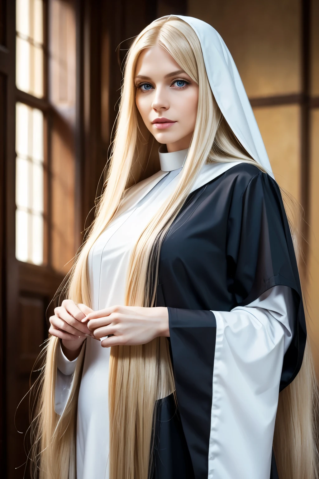 full body Pure blond straight hair, (long hair) (((straight hair))), Detailed hair, Blue Eyes, beautiful eyes, light on the face, pale skin, a 50 year old woman, nun,