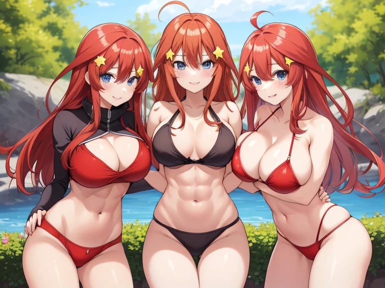 2d, masterpiece, best quality, anime, highly detailed, 5 girl, photo of 5 girl, quintuplets, nakano itsuki, red hair, long hair, star hair ornament, ahoge, large breasts, spa, red bikini, outdoors, smile, body, perfect body, abs muscular, belly button, side breasts, back of thigh, breast size comparison, breast fight, breasts pressing, breasts pressed together, pairing a character with their own self, underboob, lots of breasts, breast sumo, full body, sandwich, sandwiched, symmetrical docking, hand on another girl's back, hand on hair