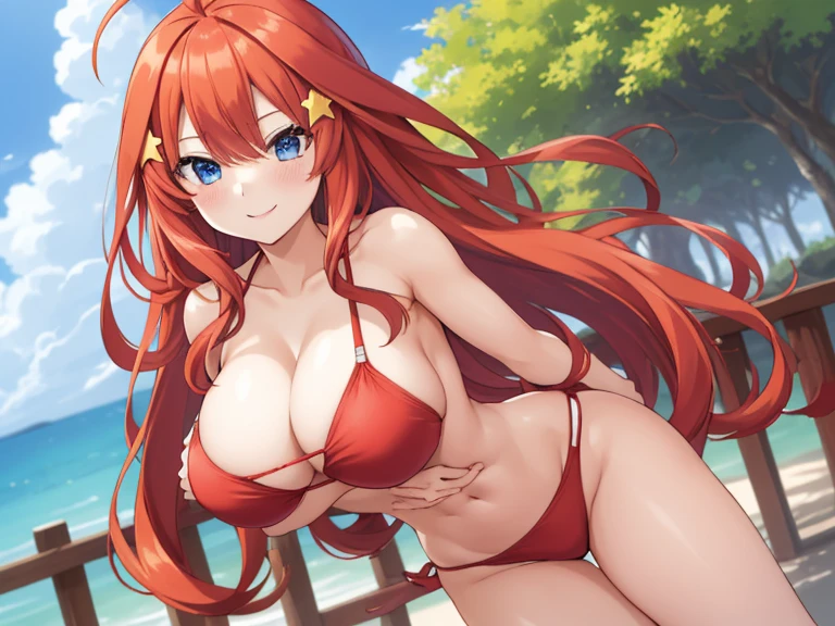 2d, masterpiece, best quality, anime, highly detailed, 5 girl, photo of 5 girl, quintuplets, nakano itsuki, red hair, long hair, star hair ornament, ahoge, large breasts, spa, red bikini, outdoors, smile, sexy body, perfect body, abs muscular, belly button, side breasts, back of thigh, breast size comparison, breast fight, breasts pressing, breasts pressed together, pairing a character with their own self, underboob, lots of breasts, breast sumo, full body, sandwich, sandwiched, symmetrical docking, hand on another girl's back, hand on hair 