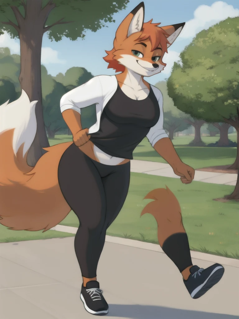 Furry, fox, smile, black leggings, white shirt, jogging, solo, park