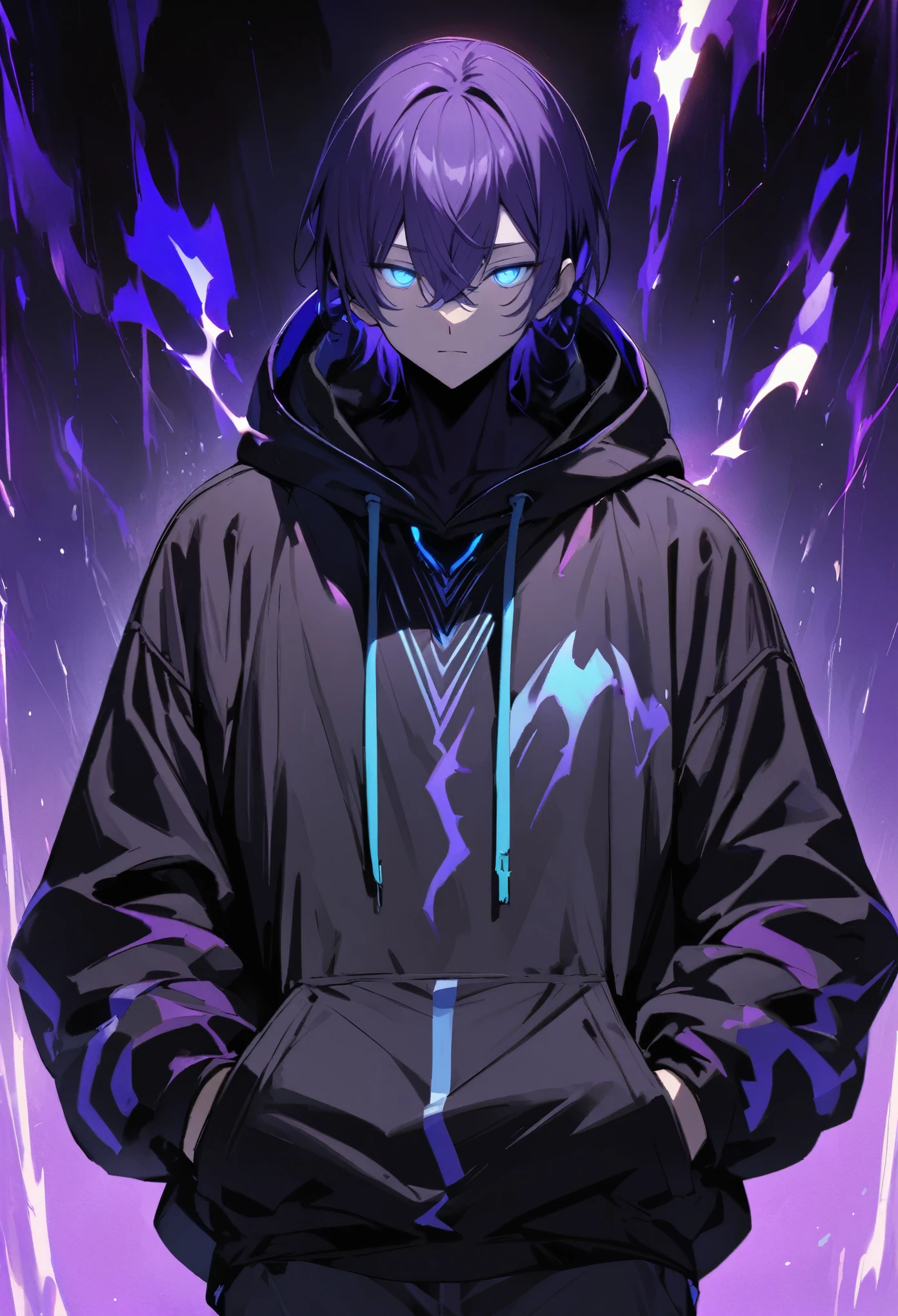 masterpiece、 One boy、 Clad in purple darkness、 Light blue glowing eyes、 Light blue aura from eyes、 Black hoodie、 Put your hands in your pockets、