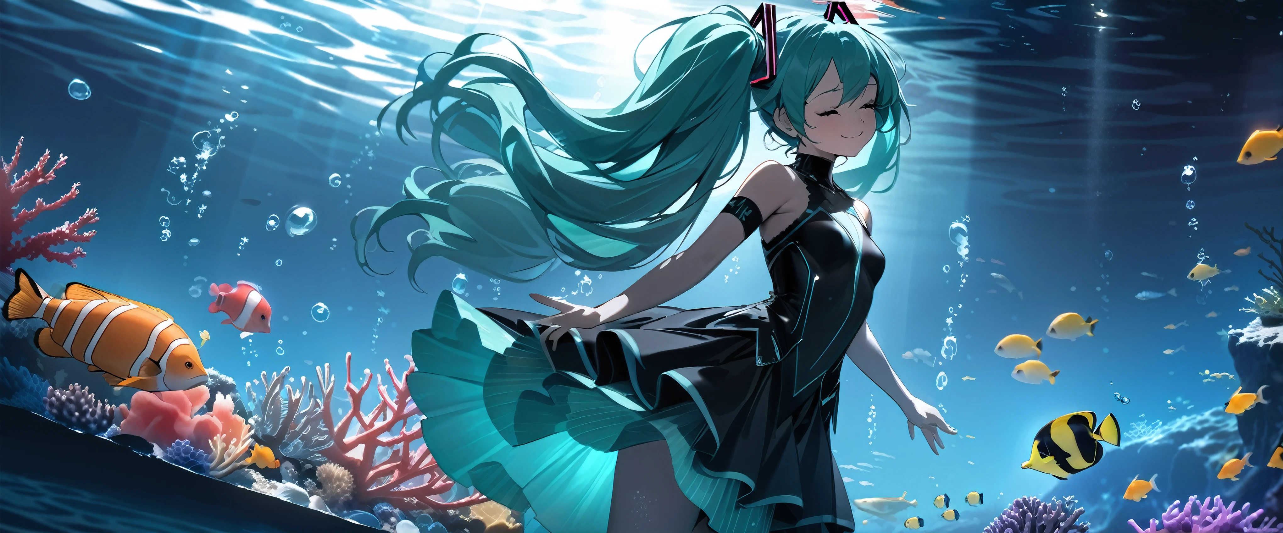 (Dramatic angle,Dynamic angle), (best quality,4k,8k,highres,masterpiece:1.2), (Hatsune Miku:1.2), (young little girl), (alone), (small breasts), eyes closed, original photo, Atmospheric distance perception, Aesthetic, complex, won, cybernetic enhancement, chiaroscuro, best quality, Detailed background, (underwater atmosphere:1.2), (Hatsune Miku wearing black Fishtail Skirt:1.2), (underwater), submerges in the sea, black silk fishtail skirt, undulating with grace, deep blue ocean, serene and profound, coral reefs, vibrant and colorful, sea creatures, curious and playful, eyes closed, peaceful expression, hair flowing, light filtering through, glimmering pearls, a beacon in the depths, sea's embrace, gentle and warm, silent world, tranquility, bubbles trailing, rhythmic dance, a smile, a moment of connection, a gaze, a shared understanding, a digital fantasy, a tale of the deep, a mesmerizing performance, a memory etched in time