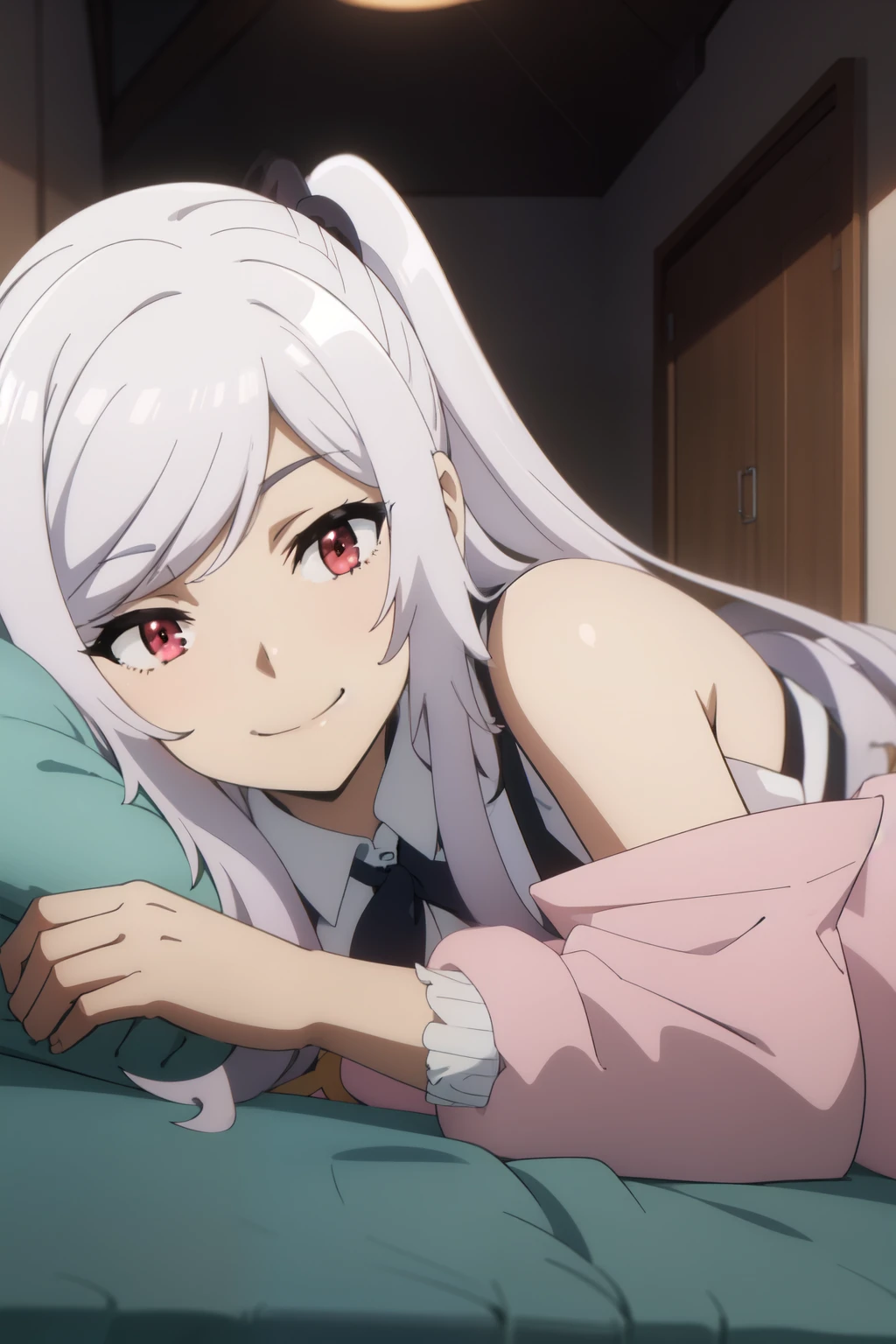 Anime background art, bottom of room, one bed, lying on a bed, beautiful anime scenes, 4K anime art wallpaper, 4k anime art wallpaper, Rosla global illumination, anime girl, 1 girl, LORA similar, best quality, detailed, alone, looking at the viewer, mouth closed, smile, hairstyle with two pigtails, hair accessory, definition in the eye, perfect face, school uniforme costume, perfect face, perfect hair, white hair, red eyes.
