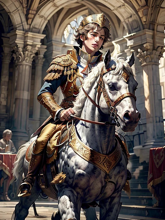 masterpiece, highest quality, Very detailed, 16k, Ultra-high resolution, Baroque, (Medieval France), Napoleon Bonaparte, ride a horse