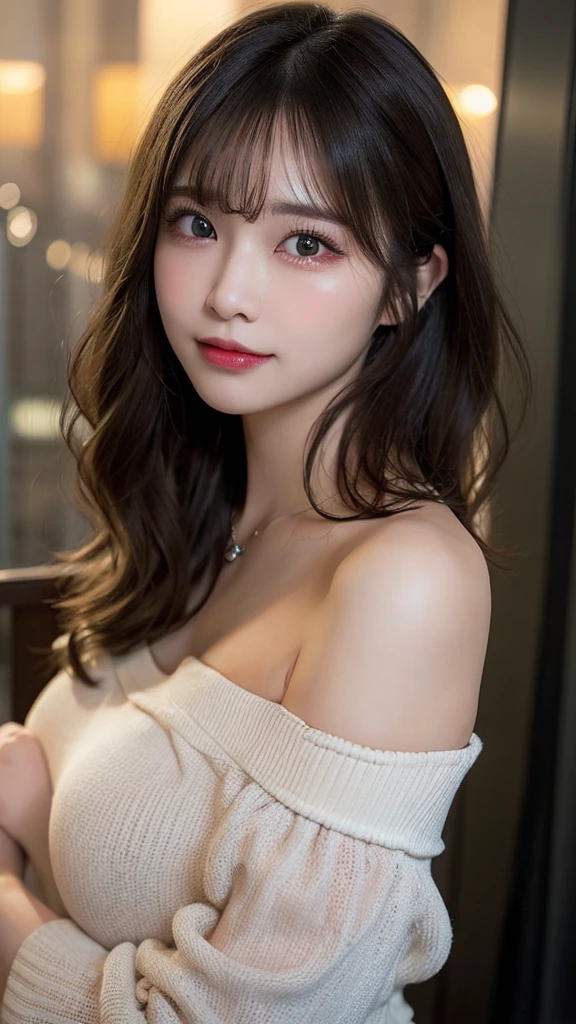 In detail, High resolution, high quality、Perfect dynamic composition, Beautiful fine details, Beauty、Natural color lip、The background is clear、Shooting up close、Side Hair、((((Wavy Hair、night、It's dark outside、40th floor、Off the shoulder))))、Face is close、20-year-old woman、1 person、Clear Skin、Shiny Hair、 最high quality, figure, Very detailed, In detail, High resolution, 8k、The correct state of the human body、Shiny wet hair、Perfect beautiful face、、G-cup bust、necklace、Smiling Kindly、Slender body、Protruding chest、Soft Bust、自然なBig Breasts、Bigig dark eyes、Clear eyes、Big Eyes、Large tear bags、Long eyelashes、looking at the camera、Thick eyebrowascara、eye shadow、Eyeliner、Areola