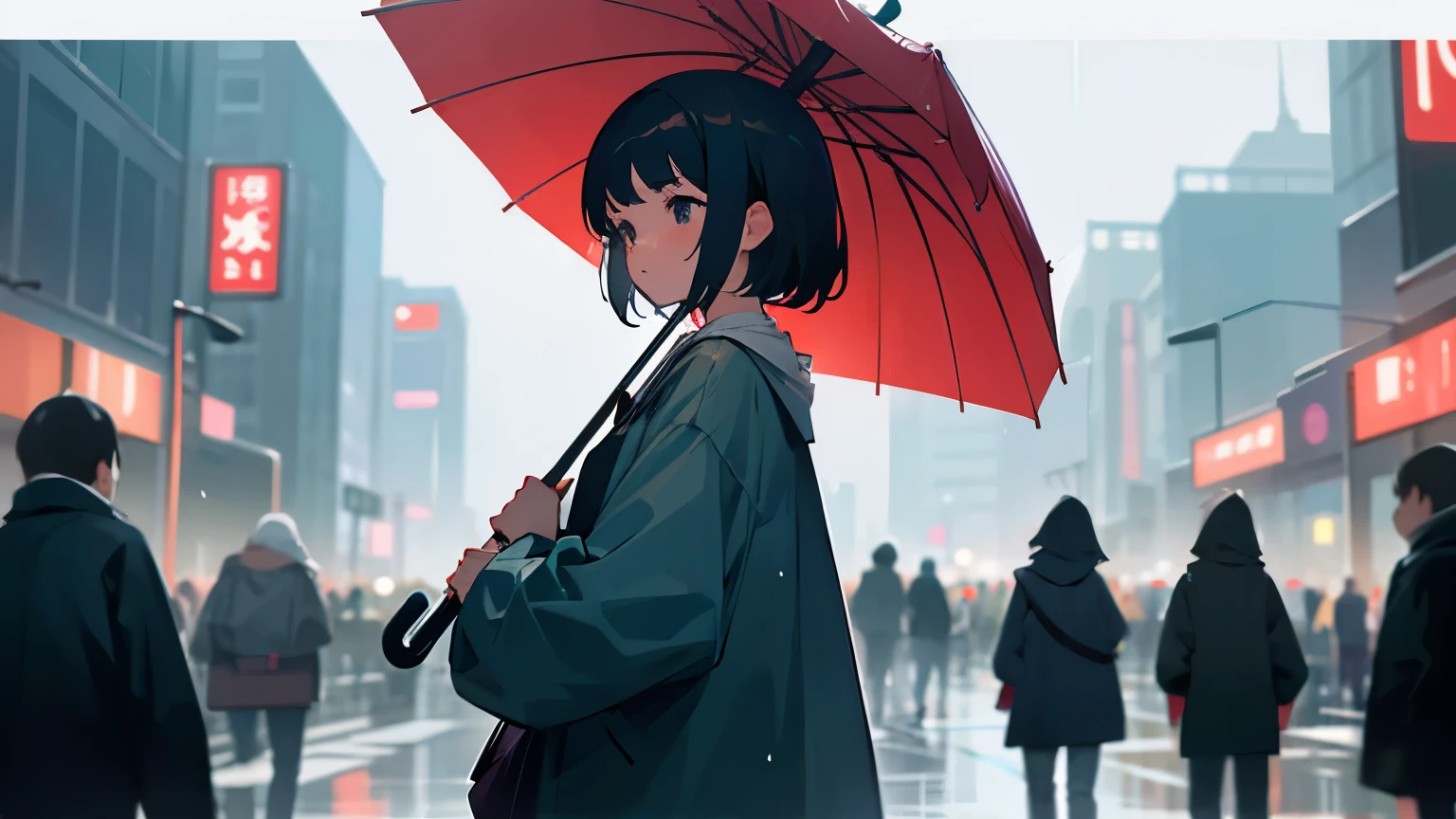 In the middle of a crowded city on a rainy day、Back view of a girl holding an umbrella、The girl is looking up at the sky、Feokas the girl and the passersby around her are blurred